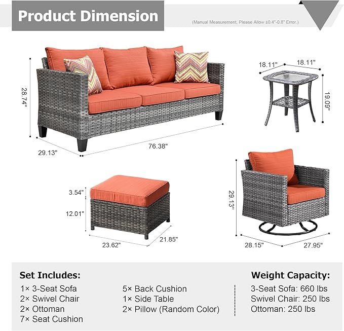 HOOOWOOO Wicker Patio Conversation Sets,6 Piece Outdoor Furniture Set with Swivel Rocking Chairs,All Weather Resistant Modern Outside Out Door Rattan Couch Chairs Side Table Set,Orange Red