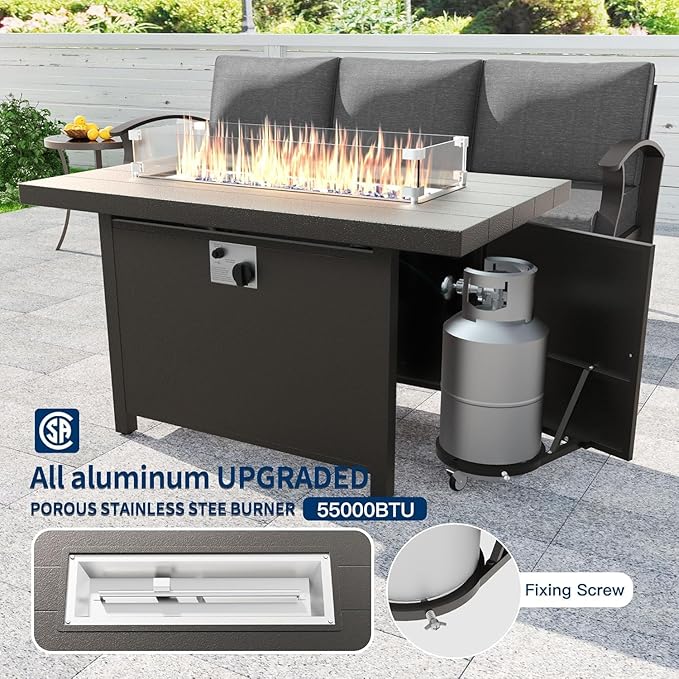 Kullavik Aluminum Patio Furniture Set with Propane Gas Fire Pit,5-seat Metal Outdoor Furniture w/Swivel Chairs,Patio Sectional Sofas w/5.1" Cushions for Patio,Backyard,Poolside-Grey