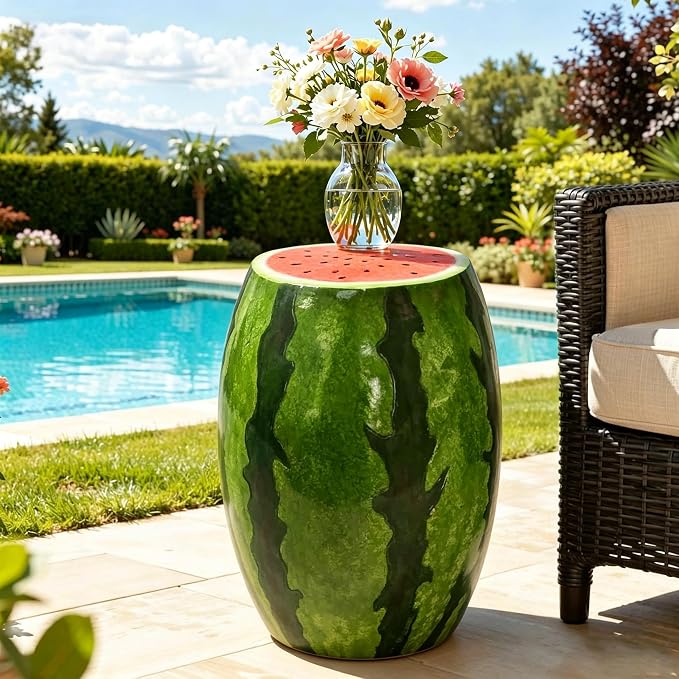14'' Garden Fruit Design Stool, Decorative Patio Side Tables for Outside / Indoor, Drum Table & Plant Stands Stools for Patio Balcony Living Room, Home Decor, Weather-Resistant (Green, Watermelon)