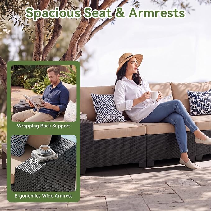 LazySunsets 10 PCS Patio Furniture Set with 44'' Fire Pit Table, Outdoor Sectional All-Weather Wicker Conversation Set with Swivel Rocker Chairs, 4'' Thick Cushions for Backyard Poolside(Cream/Black)