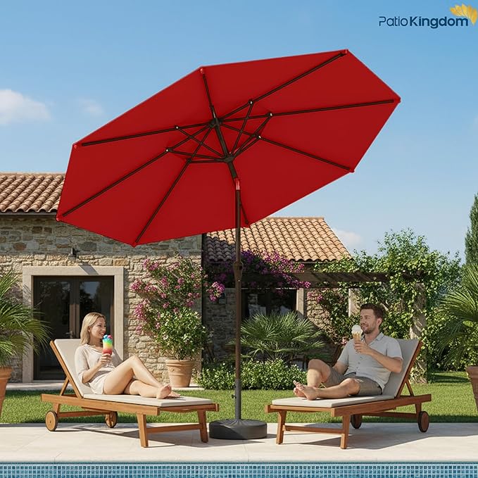 9FT Patio Umbrella 2-Tier Outdoor Market Table Umbrella with Push-Button Tilt & Crank | UPF 50+ & Waterproof for Backyard,Garden,Pool,Deck(Red)