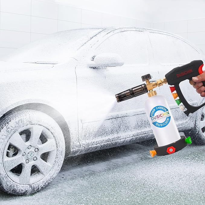DUSICHIN Foam Cannon Snow Lance Pressure Washer Nozzle Tips Holder Container Base, 5 Power Washer Sprayer Nozzles 1/4" Quick Connect Soap Cannon 3000PSI Jet Wash DUS3001