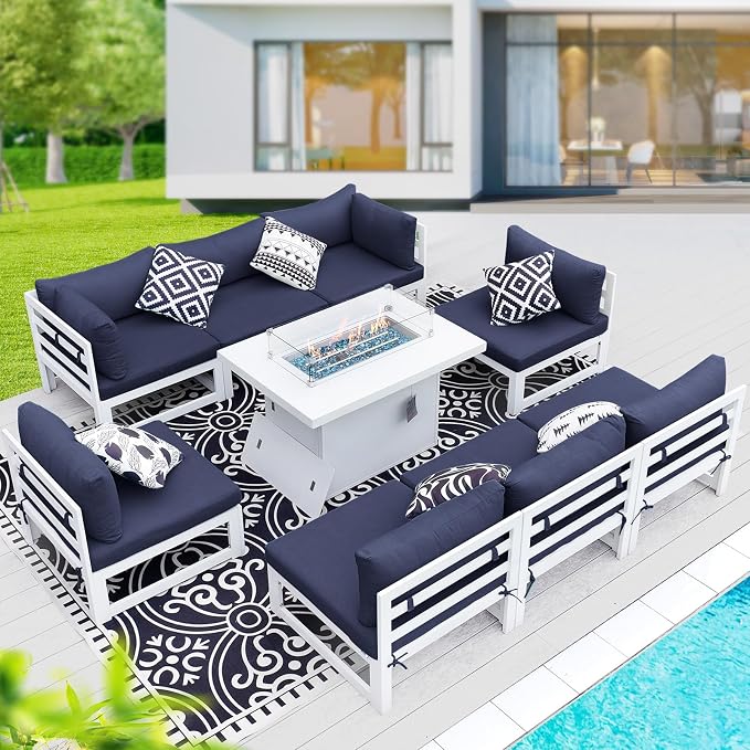 BULEXYARD 9 Piece L Shaped Contemporary Aluminum Outdoor Furniture Set with Firepit, 29" Deep Wide Large Couch Set, 500 lbs High Weight Capacity Modular Patio Sectional Sofa for Exterior, Navy Blue