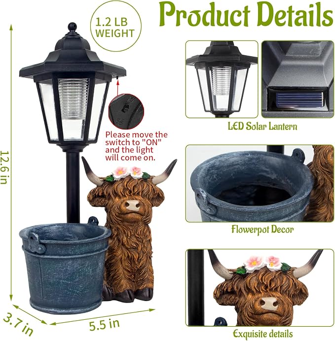 Solar Highland Cow Outdoor Statue, Garden Decor with Flowerpot & Lantern | Highland Cow Figurines for Yard Art Lawn Ornaments Porch Patio Balcony - Gifts for Women Mom Grandma