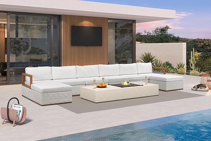 PURPLE LEAF Patio Outdoor Furniture Set 8 Pieces, Premium Leather Outdoor Couch Sectional Sofa, Patio Conversation Sets with Olefin Cushions, Patio Couch for Porch, Balcony, Garden, White