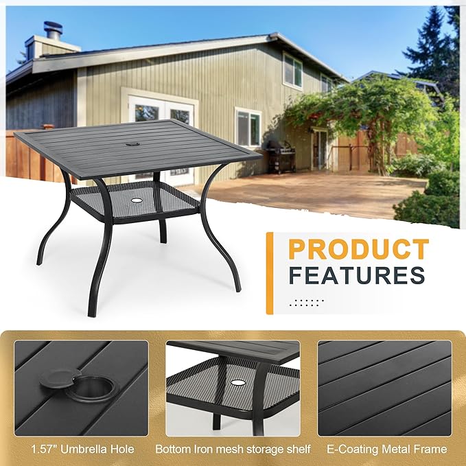 Crownland 5 Piece Patio Dining Set, Textilene Dining Sets, 4 Textilene Metal Chairs and Square Outdoor Dining Table with Khaki 9FT Round Outdoor Umbrella (Brown)