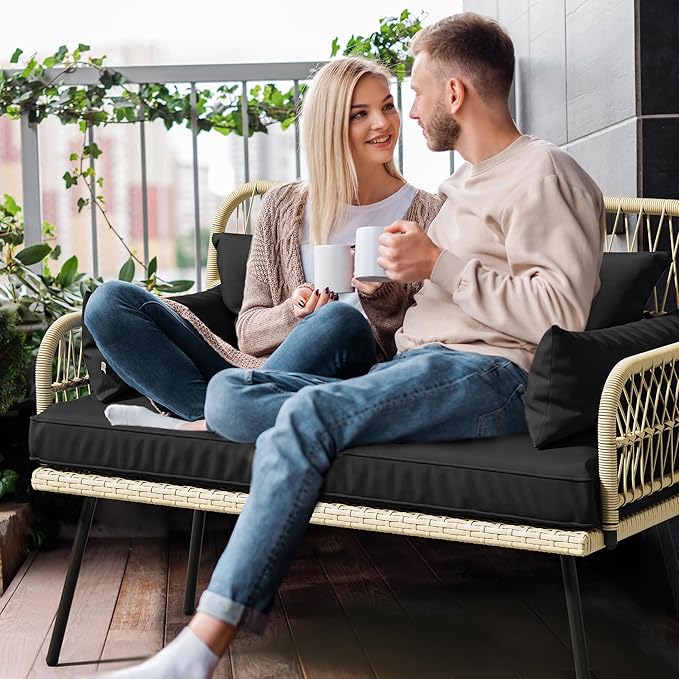 YITAHOME 2-Piece Patio Furniture Wicker Outdoor Loveseat, All-Weather Rattan Conversation for Backyard, Balcony and Deck with Soft Cushions and SideTable (Light Brown+Black)