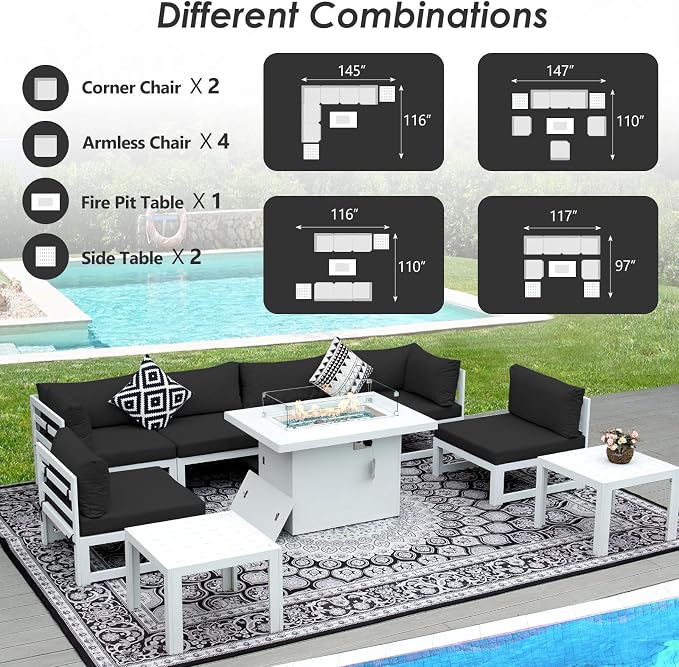 RADIATA 9 Piece Luxurious Aluminum Patio Furniture Set with Fireplace, 500 lbs Durable Outdoor Sectional Sofa, 29" Deep and Wide Big Seats, U Shaped Combo Conversation Couch for Outside Deck, Black