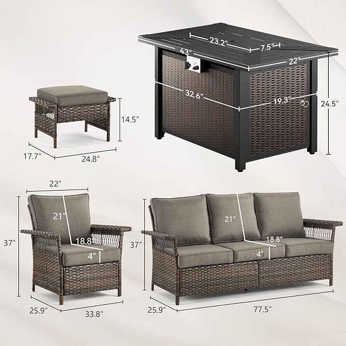 Patio Furniture Set with Fire Pit Table, 6PCS Patio Conversation Set Brown Resin Wicker Patio Chair Sofa Ottoman with 43in Rectangular Iron Outdoor Fire Table PE Rattan Furniture