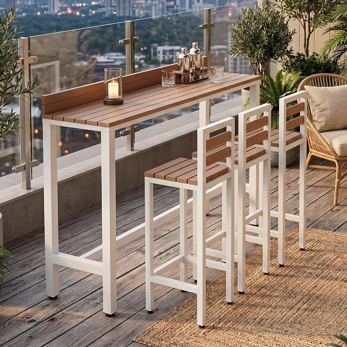 Outdoor Patio Bar Height Table with Baffle, Weather Resistant High Counter Table Porch Pub Tables Wood-Plastic Tabletop, for Poolside Garden Balcony Restaurant Cafe(White,39.3"x15.7"x40.5")