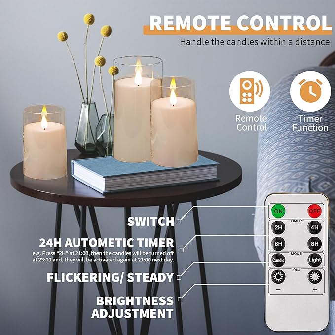 NICEME Flickering Flameless Candles with Remote Control Timer Unbreakable Acrylic Battery Operated LED Candles with Flickering Flame 3D Wick for Romantic Ambience Home Decor Set of 3, D3” xH4” 5” 6”