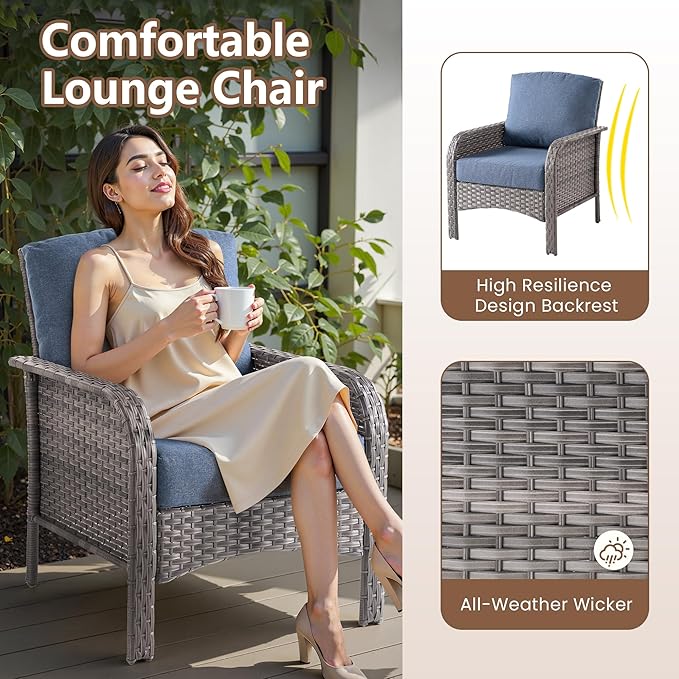 4 PCS Outdoor Patio Furniture Set with Glass Table, All-Weather Rattan Wicker Outdoor Conversation Set with Thickened Cushions for Balcony Backyard Garden Lawn,Blue