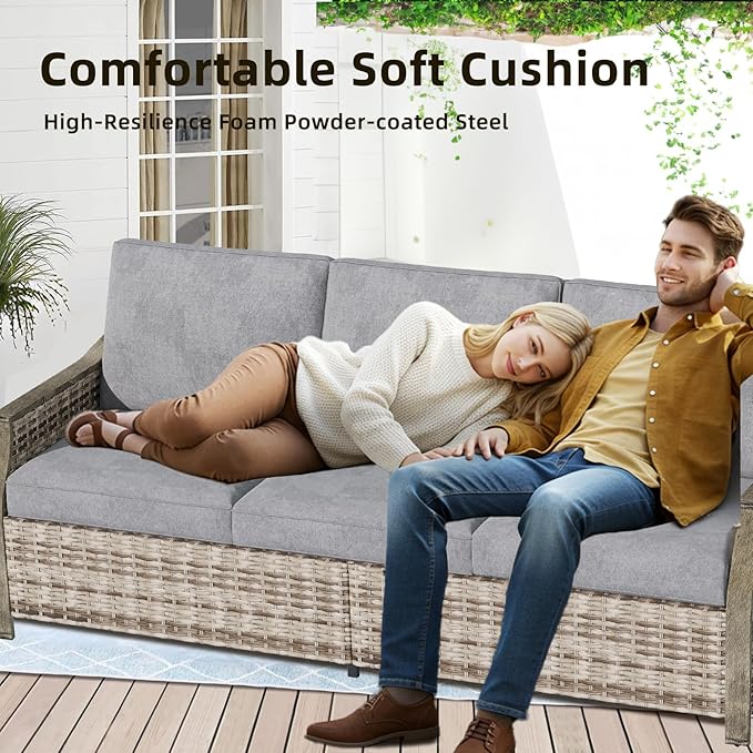 MELLCOM 4 Pieces Outdoor Patio Furniture Set with Swivel Chairs, All Weather Rattan Wicker Patio Conversation Set with 3-Seater Sofa, Coffee Table for Patio, Balcony, Porch, Deck