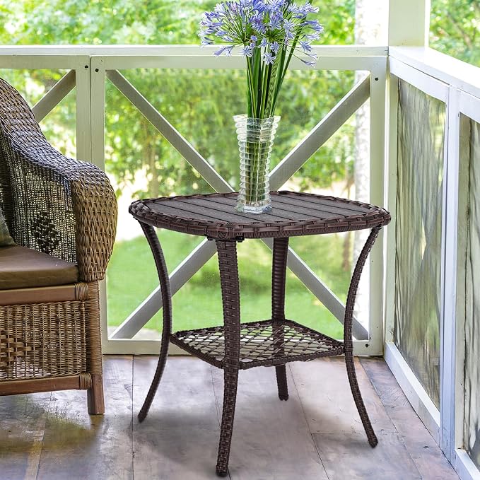 Outdoor Patio Side Table Small Brown Wicker Rattan End Table for Outside Storage Coffee Table with Poly Lumber Table Top for Garden Lawn Pool Porch Deck