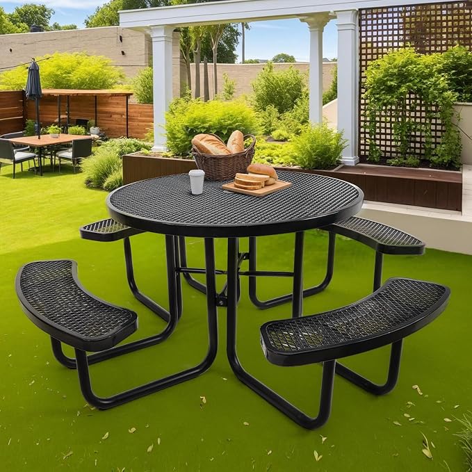 46IN Round Outdoor Picnic Table with Attached Seats, Heavy-Duty Metal Expanded Mesh Patio Table, 1600LBS Load Capacity Commercial-Grade Table for Park, Backyard, Deck, Black