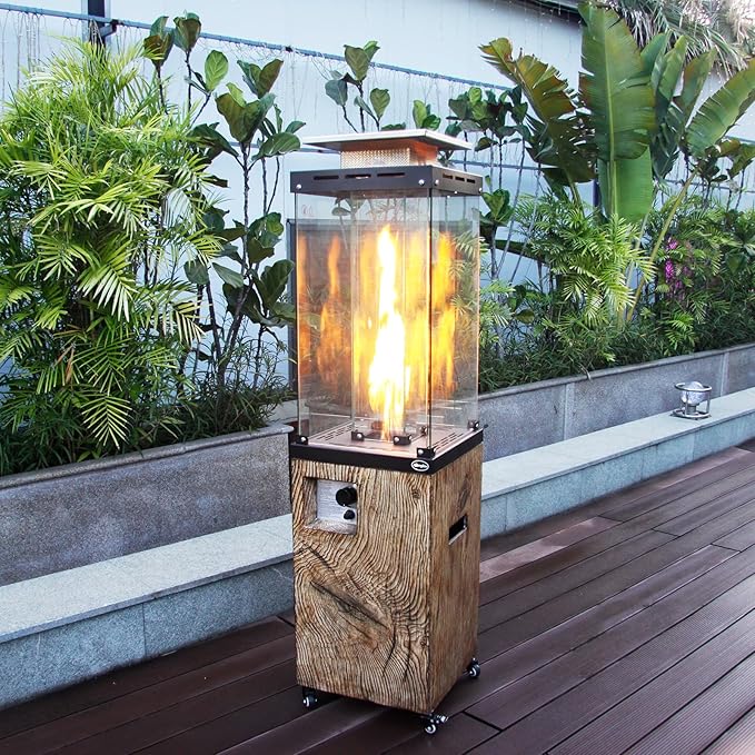 Afterglow Outdoor Patio Propane Fire Heater with Weather Cover Glass 41000 BTU Fireplace Patented & CSA Certificated, Wood Grain Brown