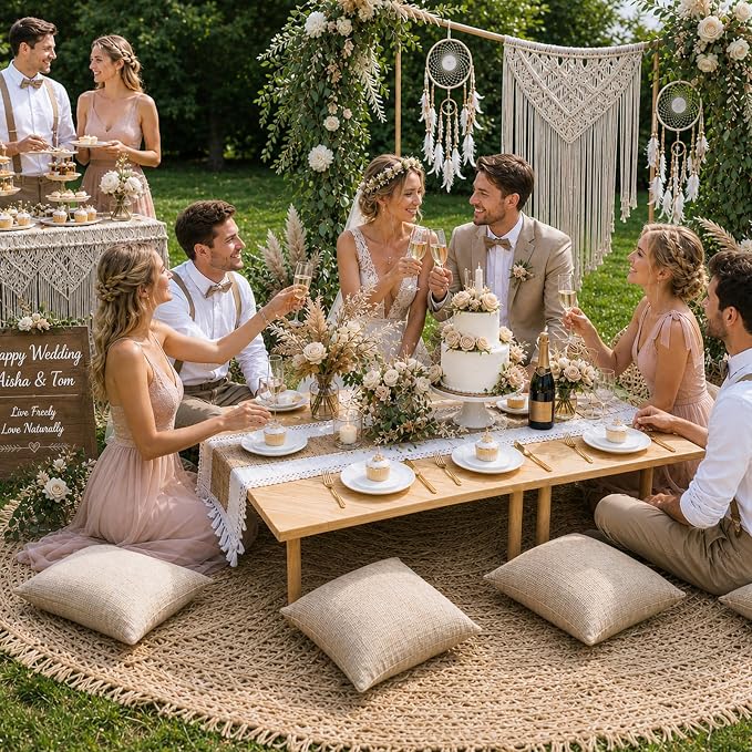 60" x 30" Low Picnic Table with 8 Wooden Legs Boho Table Runner Folding Picnic Table Portable for Indoor Outdoor Use Ideal for Backyard Picnic Beach Weddings Garden Parties (Herringbone)