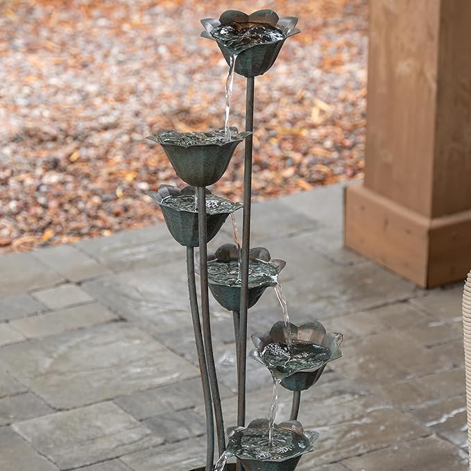 XBrand 46" Tall Metal Sculptural Flower Multi-Tier Freestanding Water Fountain for Indoor & Outdoor Use, Decorative Garden Patio Backyard Water Feature, Bronze
