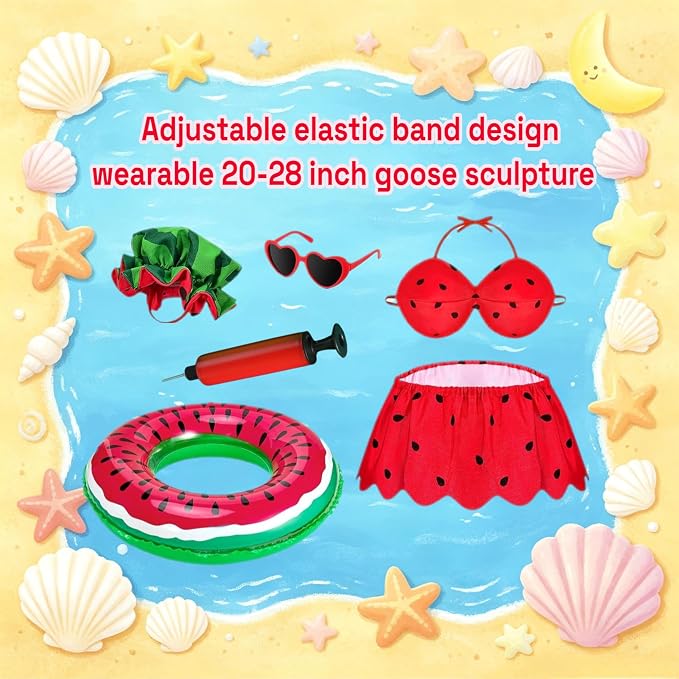 Bikini Porch Goose Outfits with Sunglasses and Swimming Tube for 23" Summer Goose Costume Garden Patio Statue Decor(Watermelon)