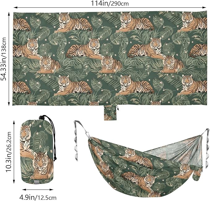 Camping Hammock Outdoor Hammocks for Outside Tiger Palm Leaf Green Beach Trees Portable Lightweight with Pockets Tree Straps Indoor