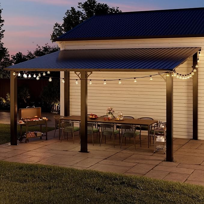 AirWire 10'x14' Lean to Gazebo, Hardtop Pergola with Metal Roof, Wall Mounted Heavy Duty Canopy Awning for Backyard, Deck and More