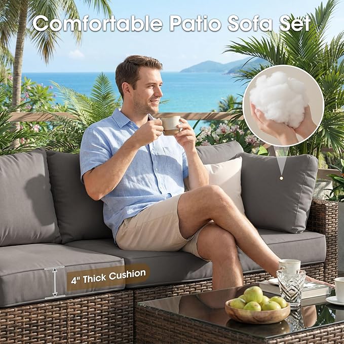 Grezone Patio Furniture Set 7 Piece Outdoor Wicker Sectional Sofa - All Weather High Backrest PE Rattan Couch Conversation Set with Cushion & Glass Top Table for Backyard Deck Porch, (Grey)