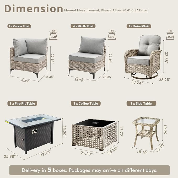11 Pieces Patio Sectional Furniture Set, Outdoor Wicker Sectional Couch with Firepit Swivel Rocker Chairs Solar Lights Table, Modern Conversation Set for Porch Balcony Backyard, Dark Gray