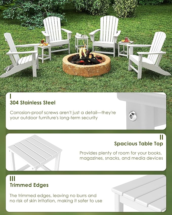 GREENVINES Adirondack-Outdoor-Side-Table | Single-Tier | 14 x 13 Inches | HDPE Plastic | All Weather | White | Outside End Tables | for Patio Porch Backyard Indoor