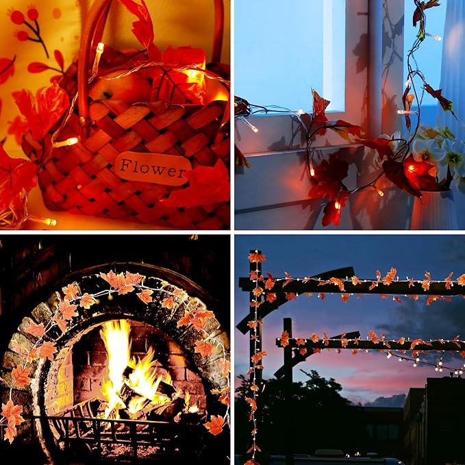 VCOKEN Thanksgiving Decorations Fall Garland with Lights, 24LED Battery Operated Thanksgiving Lights with Timer, Fall Decor for Home, Table, Mantle, Office, Outdoor, Autumn, Halloween, Yellow
