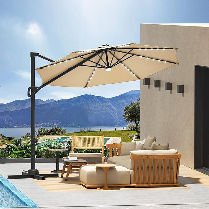 Garvee Cantilever Patio Umbrella 10ft Large Round Umbrella Outdoor Market Umbrellas 360°Rotation Offset Hanging Outdoor Shade for Patio