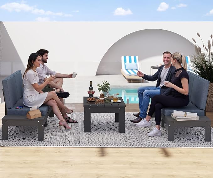 Domi HDPE Outdoor Patio Sofa Set, 3-Piece Modern Conversation Set with Left & Right Sofas, Cushioned Sectional Seating and Coffee Table for Backyard, Porch, Deck & Garden,Grey
