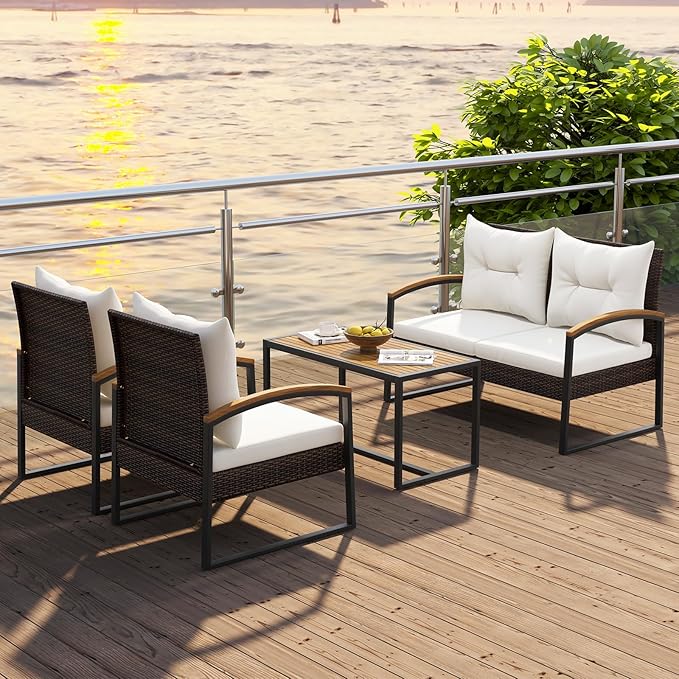 Tangkula 4 Piece Patio Conversation Set, with Heavy Duty Solid Acacia Wood Armrests & Tabletop, Outdoor Cushioned Wicker Furniture Set for Backyard, Poolside, Lawn, Balcony (1, Off White)