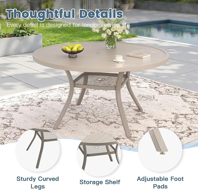 DIFY 5 Piece Outdoor Patio Dining Set for 4, 47.2" Round Metal Dining Table and Swivel Patio Chairs with Padded Textilene, All-Weather Outdoor Furniture Set for Garden Backyard Porch, Sandshell