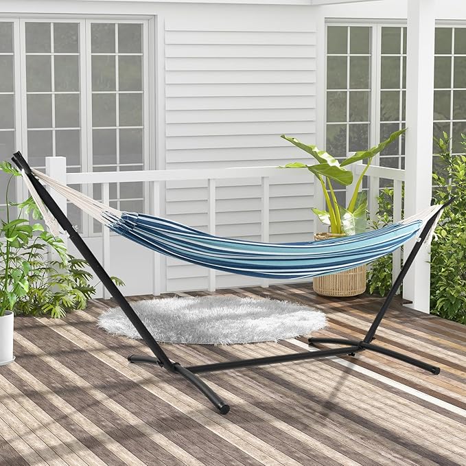 Giantex Hammock with Stand for Outside, 2-Person Double Hammock with Space Saving Metal Stand, Carrying Cases, Brazilian-Style Portable Hammock for Patio Garden Camping Lounging Outdoor & Indoor, Blue