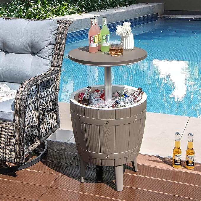 Tangkula 10 Gallon Cooler Bar Table, Outdoor Cooler Side Table w/Telescopic Tabletop, 3-in-1 Coffee Table Ice Bucket for Beer & Wine, All-Weather Cocktail Table for Backyard, Party, Poolside