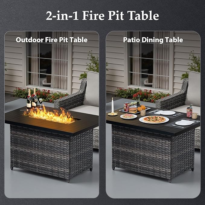 Patio Furniture Set with 42.5" Fire Pit Table-6 Pieces All Weather Wicker Outdoor Furniture with High Back Swivel Patio Chairs Set of 2 Outdoor Couch for Deck Backyard Beige/Gray