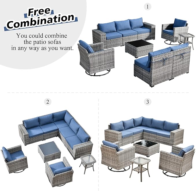 HOOOWOOO Outdoor Patio Sectional Furniture Sofa Set with Swivel Rocking Chairs,9 Piece Modern Wicker Couch with Widened Armrest,Modular Conversation Seating Set for Garden(Denim Blue)