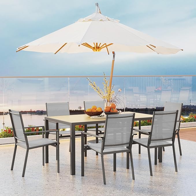 Ahomly Patio Table and Chairs Set for 6, Outdoor Dining Set Includes 59.5" Rectangle Patio Table with Side Umbrella Hole and 6 Textilene Fabric Patio Chairs for Courtyard, Backyard, Pool, Grey&Brown