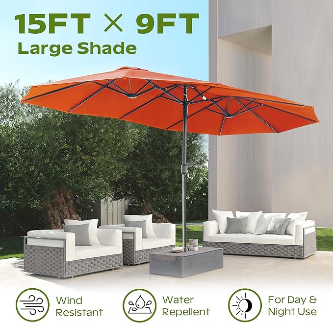 15ft Umbrella Outdoor Patio - Double-Sided Large Market Rectangle Umbrellas with Crank Handle for Patio Garden Yard Pool (No Base)