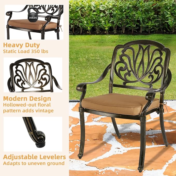 9-Piece Patio Furniture Dining Set, All Weather Cast Aluminum Outdoor Conversation Set- 61" Round Patio Dining Table with Detachable Lazy Susan & 8 Cushioned Chairs, Umbrella Hole, Khaki