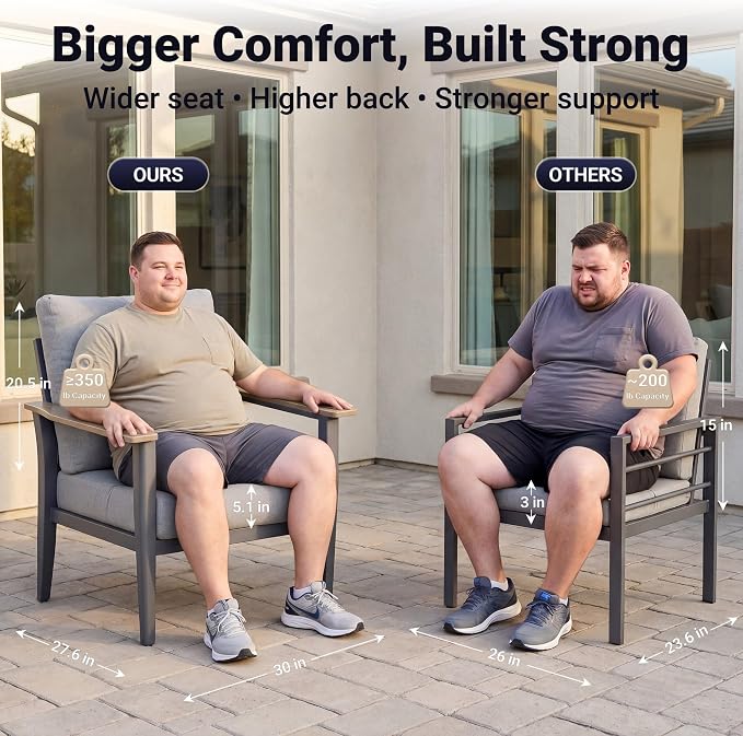 Aluminum Patio Chairs Set of 2, Modern Outdoor Armchairs with Wood-Like Armrests & 5.1" Thick Cushions, Wide Seat Balcony Furniture for Porch, Deck, Gray