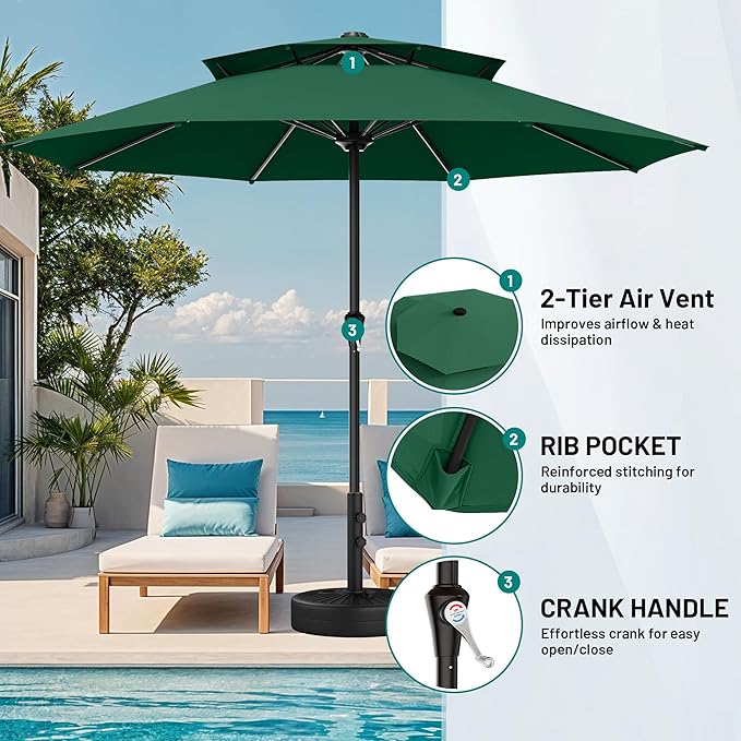 AreShark 11ft 2 Tiers Patio Umbrella - Outdoor Umbrella Waterproof UV Protection, Market Table Umbrella w/ 8 Sturdy Ribs&Crank for Pool, Porch, Garden(Dark Green)