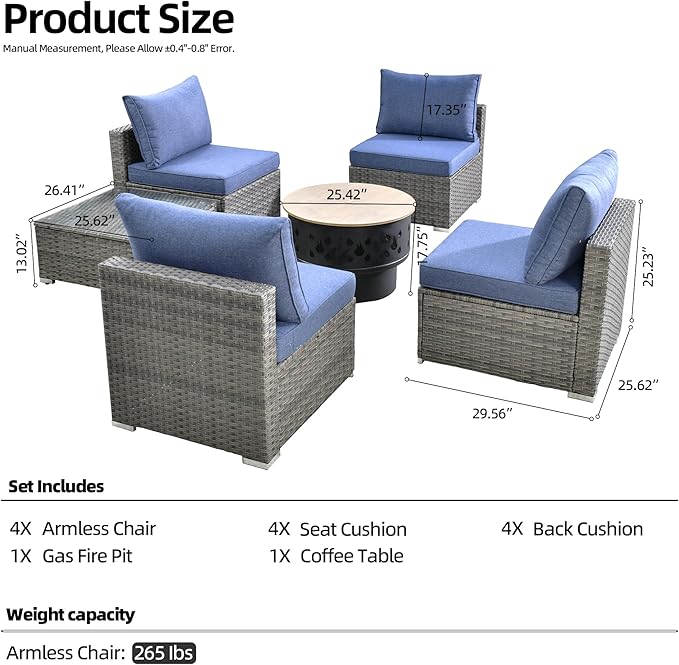 HOOOWOOO 6-Piece Outdoor Wicker Patio Furniture Set, All-Weather Rattan Sectional Sofa Chairs with Fire Pit and Side Table, Modern Garden Conversation Set for Patio, Porch, and Backyard (Denim Blue)