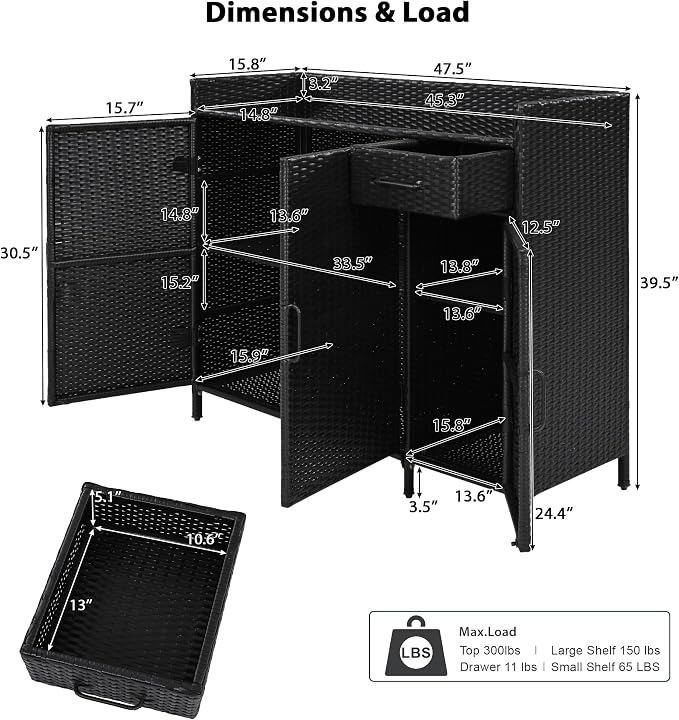 RuiSiSi Wicker Bar Table with Drawer & Adjustable Shelf for Outdoor, Rattan Buffet Cabinet Sideboard with Tempered Glass Desktop, Patio Rattan Bar Table with 3 Doors, Black Brown