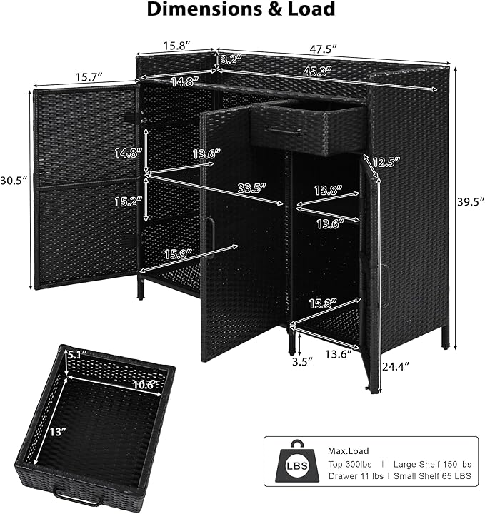 RUNNA Wicker Outdoor Storage Cabinet with Tempered Glass Desktop, Weather-Proof Rattan Bar Table with Three Doors, Adjustable Shelf, and One Drawer, for Outdoor Cushions, Pool Toys (Black Brown@045)