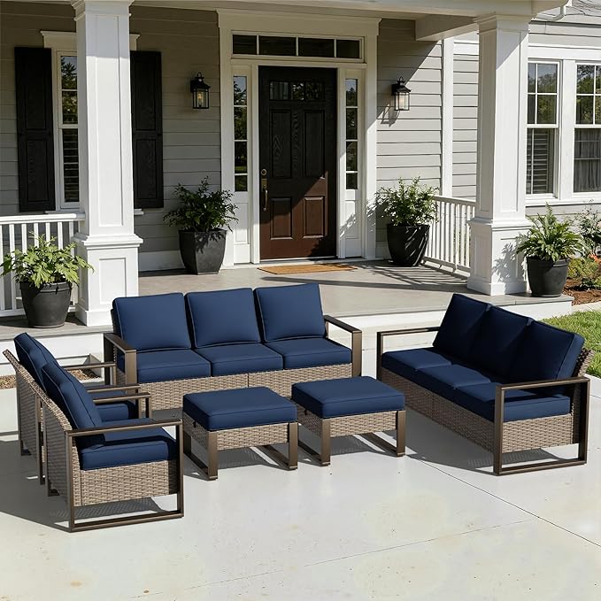 Joyside Outdoor Patio Chairs, 5 Pieces Wicker Rattan Furniture Set, 2 Patio Chairs, 2 Sofa and 2 Ottoman, Metal Wide Armrest, Thick Cushions and Deep Seating for Garden, Backyard, Porch, Deck