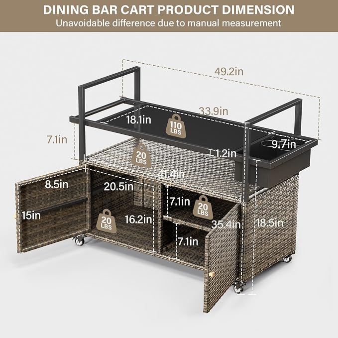 Belord Wicker Outdoor Bar Cart with Storage Cabinet and Four Rolling Wheels Patio Bar Table, Outdoor Buffet Cabinet Movable with Removable Side Basket for Deck Poolside Backyard Gray