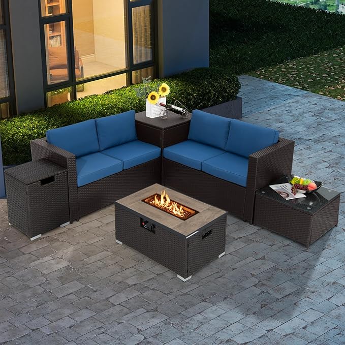 Tangkula 6 Pieces Patio Wicker Furniture Set with 32 Inches Propane Fire Pit Table and Tank Holder, Outdoor Conversation Set with Storage Box and Coffee Table, 2 Waterproof Covers Included (Navy)