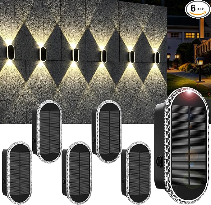 Solar Fence Lights Outdoor, 3000K/4000K/6000K 3 Modes Solar Wall Lights Outdoor Waterproof, Up&Down Dual-Head Outdoor Solar Lights for Yard House Fence Backyard Deck Garden Patio Porch, 6 PK