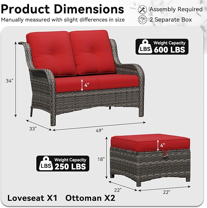 3-Piece Outdoor Couch Set, 1 Wicker Patio Loveseat with Thickened Olefin Cushions, High Back and Deep Seating, Hand-Woven PE Rattan and 2 Ottomans, Patio Conversation Set for Porch, Deck